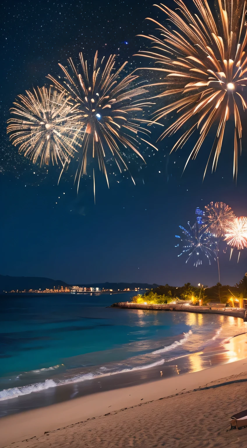 Masterpiece,8k,Sandy Beach,Fireworks in the night sky