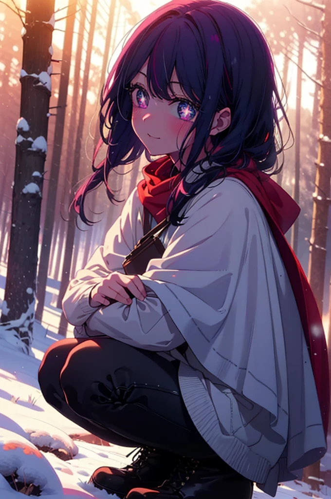 aihoshino, Ai Hoshino, Long Hair, bangs, (Purple eyes:1.1), Purple Hair, (Symbol-shaped pupil:1.5), smile,,smile,blush,white breath,
Open your mouth,snow,Ground bonfire, Outdoor, boots, snowing, From the side, wood, suitcase, Cape, Blurred, , forest, White handbag, nature, Squat, Mouth closed, Cape, winter, Written boundary depth, Black shoes, red Cape break looking at viewer, Upper Body, whole body, break Outdoor, forest, nature, break (masterpiece:1.2), Highest quality, High resolution, unity 8k wallpaper, (shape:0.8), (Beautiful and beautiful eyes:1.6), Highly detailed face, Perfect lighting, Highly detailed CG, (Perfect hands, Perfect Anatomy),