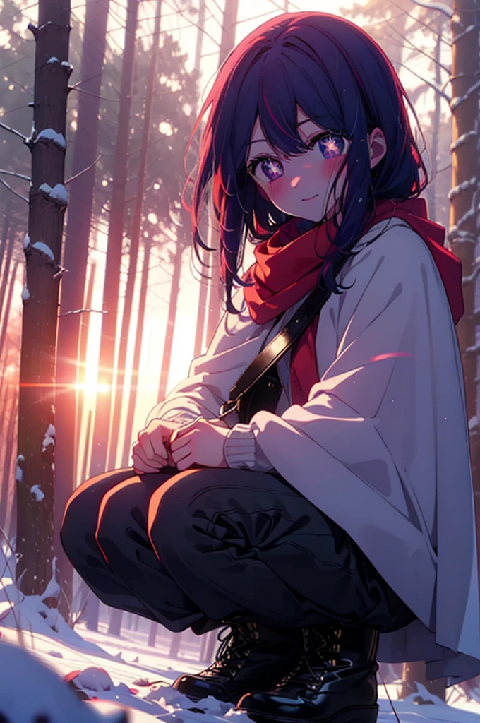 aihoshino, Ai Hoshino, Long Hair, bangs, (Purple eyes:1.1), Purple Hair, (Symbol-shaped pupil:1.5), smile,,smile,blush,white breath,
Open your mouth,snow,Ground bonfire, Outdoor, boots, snowing, From the side, wood, suitcase, Cape, Blurred, , forest, White handbag, nature, Squat, Mouth closed, Cape, winter, Written boundary depth, Black shoes, red Cape break looking at viewer, Upper Body, whole body, break Outdoor, forest, nature, break (masterpiece:1.2), Highest quality, High resolution, unity 8k wallpaper, (shape:0.8), (Beautiful and beautiful eyes:1.6), Highly detailed face, Perfect lighting, Highly detailed CG, (Perfect hands, Perfect Anatomy),