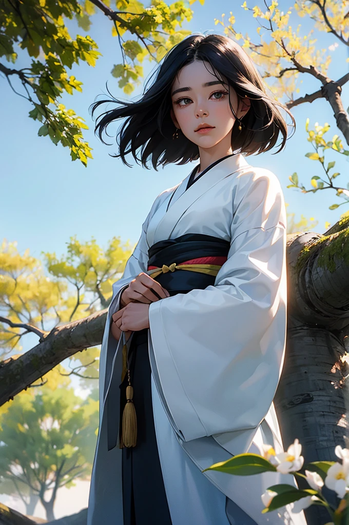 The ghost of a beautiful woman with black hair and wearing a white kimono under a willow tree