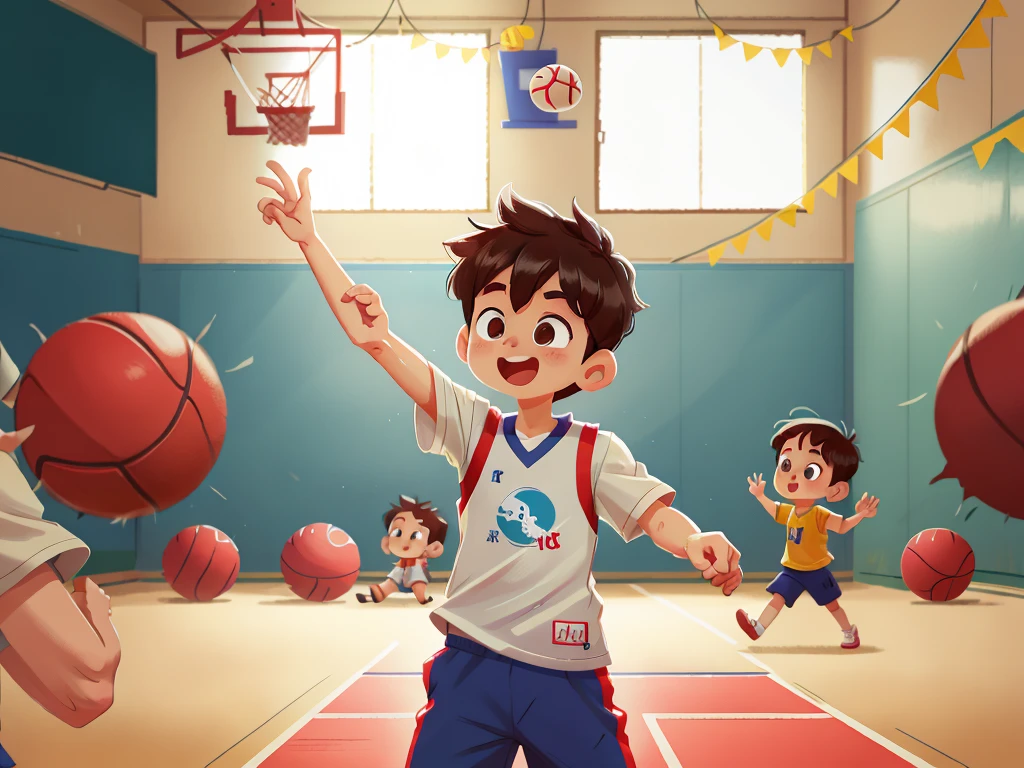 一个play basketball的男孩，School basketball court，play basketball，hapiness，rejoice，perfect quality，Be focused（Clutter - Home：0.8）， （masterpiece：1.2） （Realistically：1.2） （Bokeh） （Best quality） （Delicate skin：1.3） （Intricate details） （8K） （Delicate eyes） （Clear focus）,（Having fun）