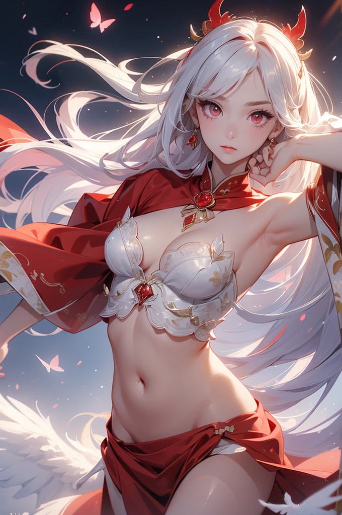 ((best quality)), ((masterpiece)), (detailed), Perfect face，Red and white kimono，The cuffs and lapels of the large sleeves are tied with this red silk scarf，Shrine maiden，Red long hair，Delicate brushstrokes，Soft and smooth long hair，Round forehead，Long eyelashes，Deep rose red eyes，Swan-like neck，Clear butterfly bone，Delicate and soft skin，Exquisite calves，Slender ankles，Slender figure，The downside is that there is a lack of agility between the eyebrows and eyes，belly button，Navel，exposed，beauty，Shoulders，Fair skin，Beautiful clavicle，White arms，beauty的玉足，Slender waist
