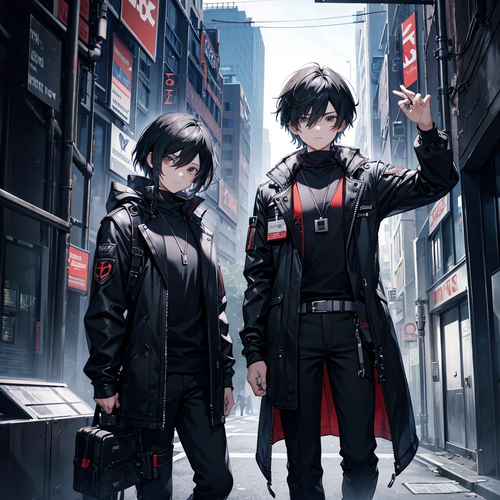 A boy look like leon kennedy black hair black outfits Cover poster,The theme is exploring the metaverse,Open a new virtual world,There is no text,Former Cosmic Elements,Fusion of reality and virtuality,immersive experience,Virtual reality technology,Augmented reality technology,Cloud rendering technology,Looking forward to the future metaverse world,Challenges facing metaverse technology,Application prospects of the metaverse