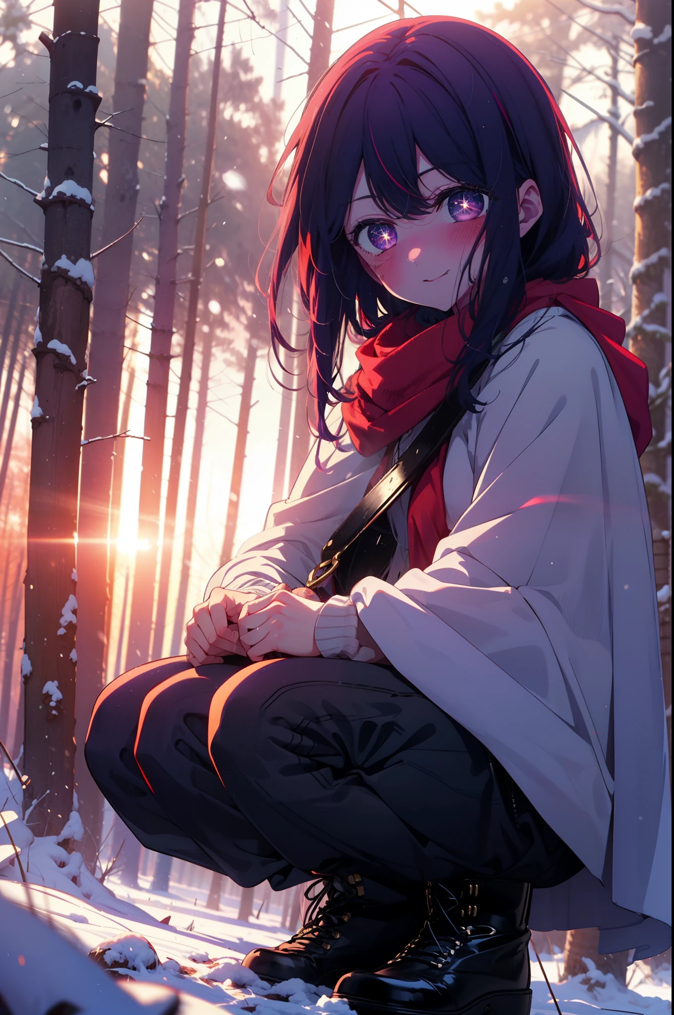 aihoshino, Ai Hoshino, Long Hair, bangs, (Purple eyes:1.1), Purple Hair, (Symbol-shaped pupil:1.5), smile,,smile,blush,white breath,
Open your mouth,snow,Ground bonfire, Outdoor, boots, snowing, From the side, wood, suitcase, Cape, Blurred, , forest, White handbag, nature, Squat, Mouth closed, Cape, winter, Written boundary depth, Black shoes, red Cape break looking at viewer, Upper Body, whole body, break Outdoor, forest, nature, break (masterpiece:1.2), Highest quality, High resolution, unity 8k wallpaper, (shape:0.8), (Beautiful and beautiful eyes:1.6), Highly detailed face, Perfect lighting, Highly detailed CG, (Perfect hands, Perfect Anatomy),