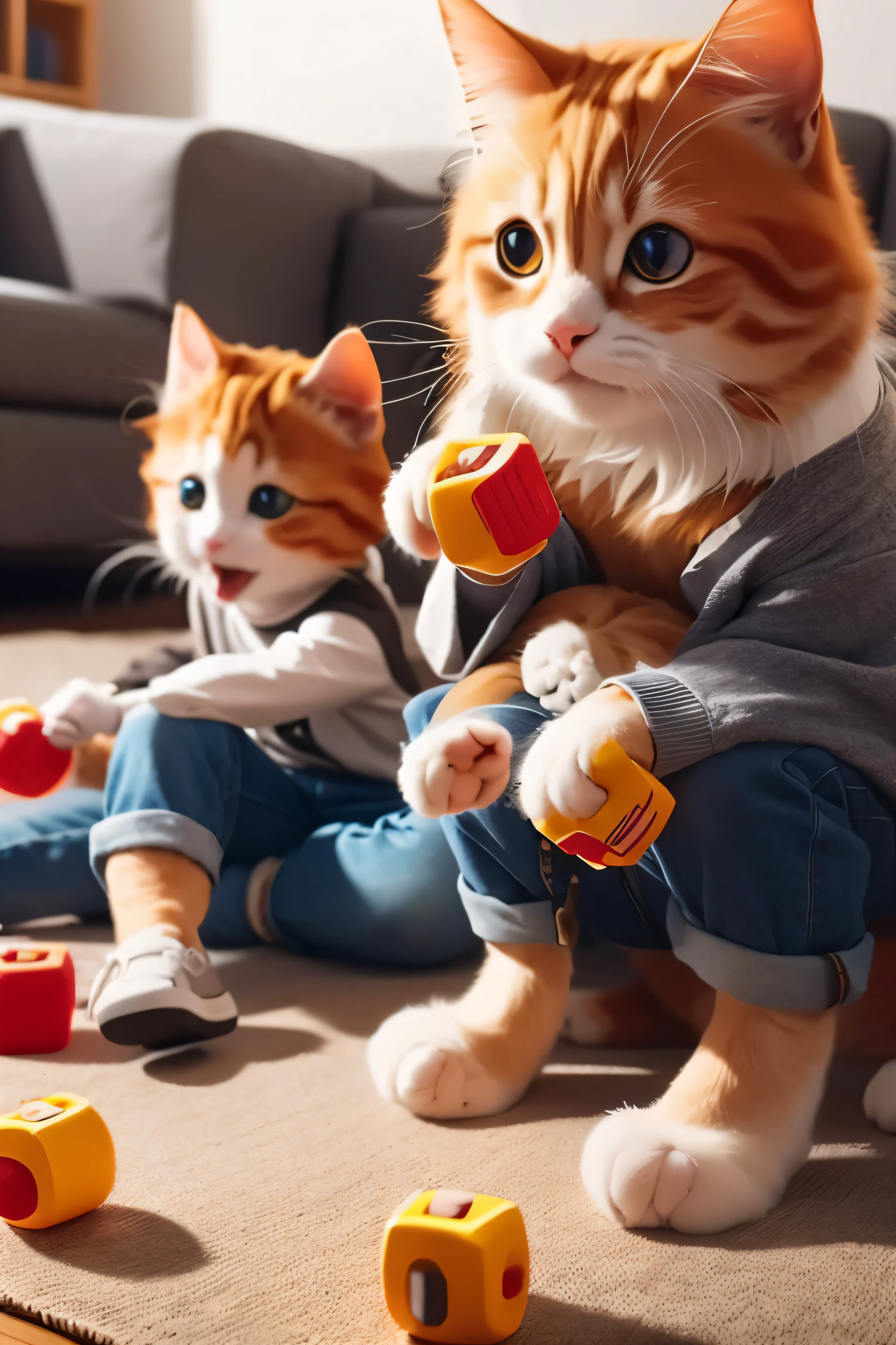 2 cats, playing game, eating snacks