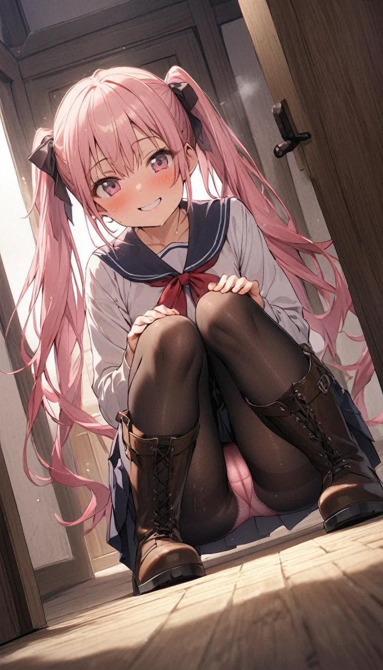 beautiful girl、、、、Twin tails、Pleated skirt、Black Pantyhose、panties under pantyhose、entrance、Highest quality, smile,Sit down and take off your boots、Pink Panties、Sweaty ass、Sweaty crotch、Low - Angle、Cowboy Shot、The gesture of taking off boots、Have boots、Steam from boots、Take off one boot、Squat down and take off your boots