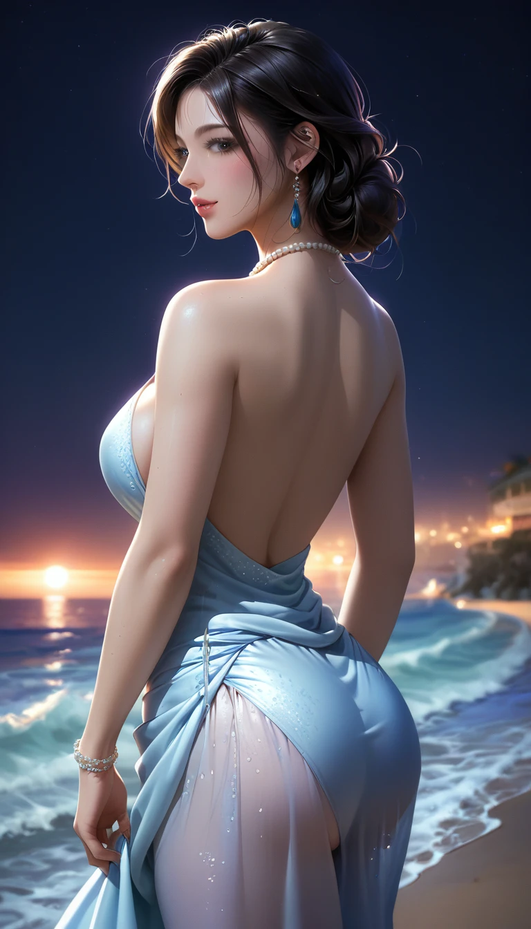 score_9, score_8_superior, score_7_superior, Masterpieces with up to 16K resolution,Highest quality,it is really amazing,Very detailed,Ultra-high resolution,(Ultra-realistic:1.1),(Realistic:1.1),Increased depth of field,Cinematic lighting,
Elegant Japanese MILF,
Long black hair,Ultra-detailed and beautiful faces,Translucent white skin,Very detailedな肌,
(Elegant resort dresses:1.1),
Bold design,Artistic design,Beautiful and detailed pattern,Detailed fabric texture,
Gorgeous necklace,Earrings,
(Bali Beach:1.1),(Dark beach at night:1.1),(Deserted beach:1.1),(A pitch black night sky with dark clouds:1.1),
(Beautiful back view:1.2),