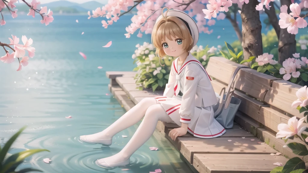 (masterpiece),  Outdoor,  cherry blossoms,  petal,  sunlight,  lake,  One Girl,  blush,  smile,  Medium Hair,  Sailor suit,Long skirt, Overgrown, petal, plant、Skirt lining、White slip、nostalgic、pantyhose（gray）、You can see the sea in the distance, Crotch close-up