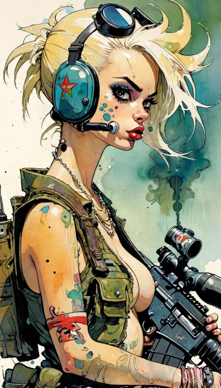 Personnage de tank girl nue, seins nus, casque militaire, cigare, Piercings, Fusil à pompe, dans un réservoir, (art inspiré par Skottie Young et Bill Sienkiewicz). peinture à l&#39;huile)