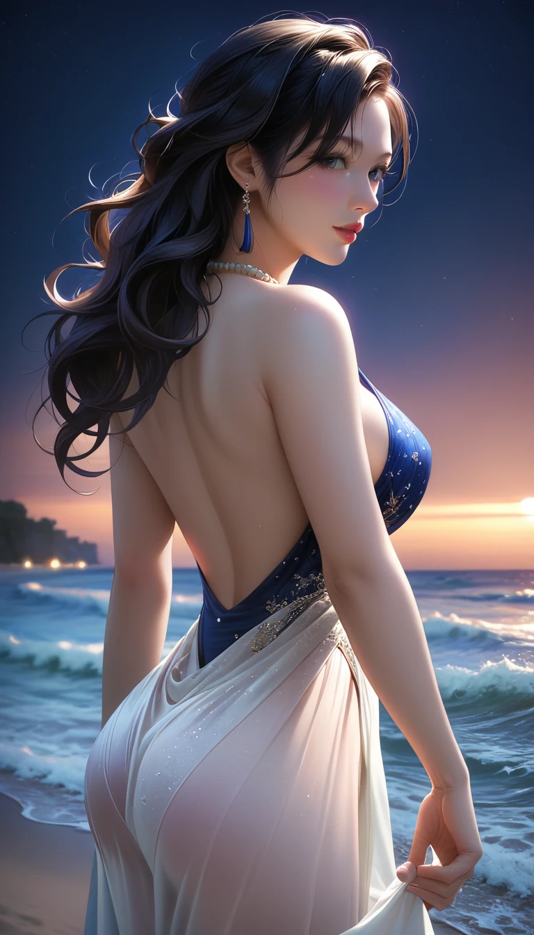 score_9, score_8_superior, score_7_superior, Masterpieces with up to 16K resolution,Highest quality,it is really amazing,Very detailed,Ultra-high resolution,(Ultra-realistic:1.1),(Realistic:1.1),Increased depth of field,Cinematic lighting,
Elegant Japanese MILF,
Long black hair,Ultra-detailed and beautiful faces,Translucent white skin,Very detailedな肌,
(Elegant resort dresses:1.1),
Bold design,Artistic design,Beautiful and detailed pattern,Detailed fabric texture,
Gorgeous necklace,Earrings,
(Bali Beach:1.1),(Dark beach at night:1.1),(Deserted beach:1.1),(A pitch black night sky with dark clouds:1.1),
(Beautiful back view:1.2),