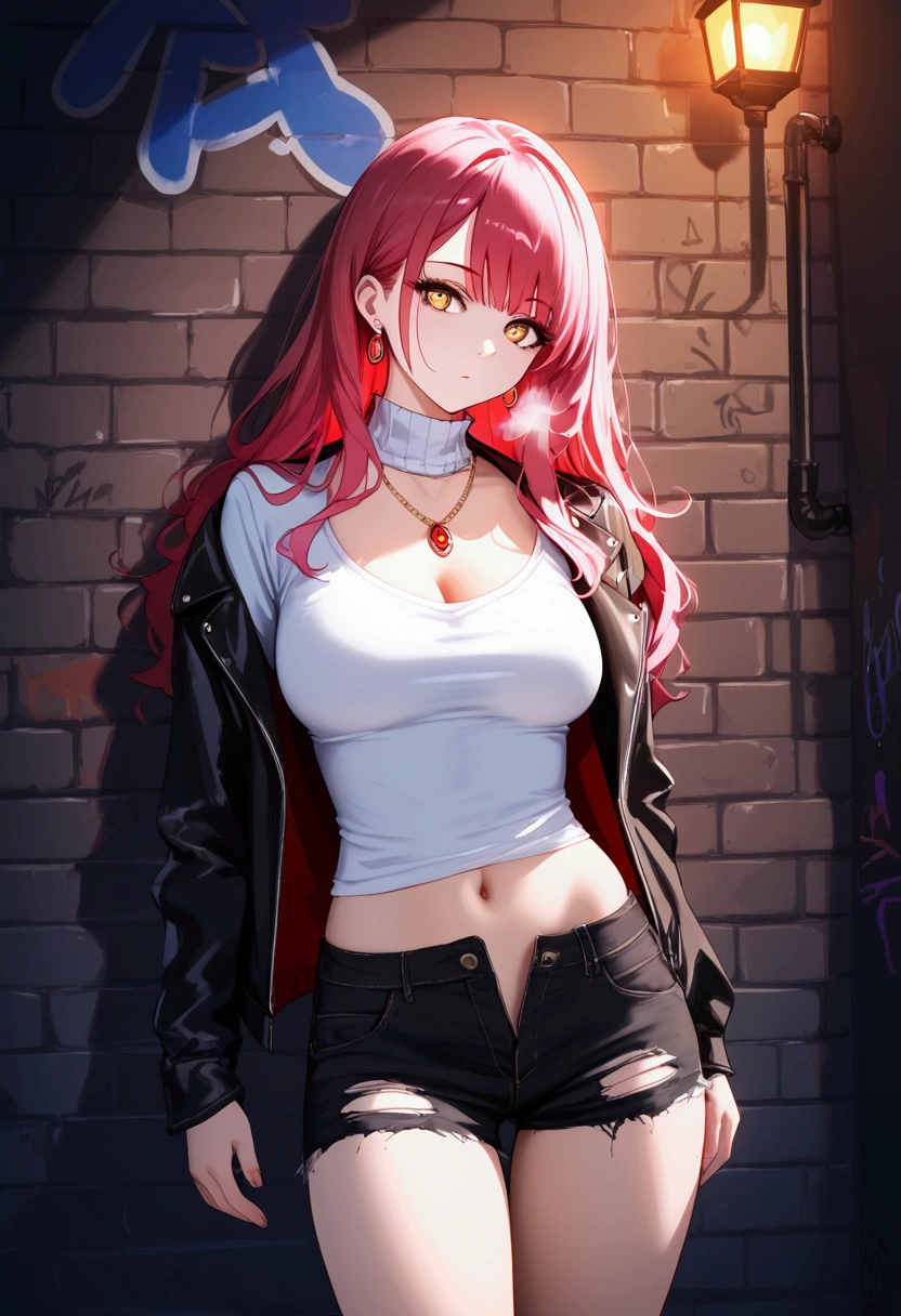 (masterpiece, best quality, 1 girl, solo, intricate details, chromatic aberration), realistic, ((medium breath)),long hair, red hair, red decoration on the head, pink highlights, amber eyes, earrings, sharp eyes, necklace, neon shirt, ripped shorts, unbuttoned jacket, turtleneck, night, against the wall, brick wall, graffiti, dim lighting, alley, look at the viewer