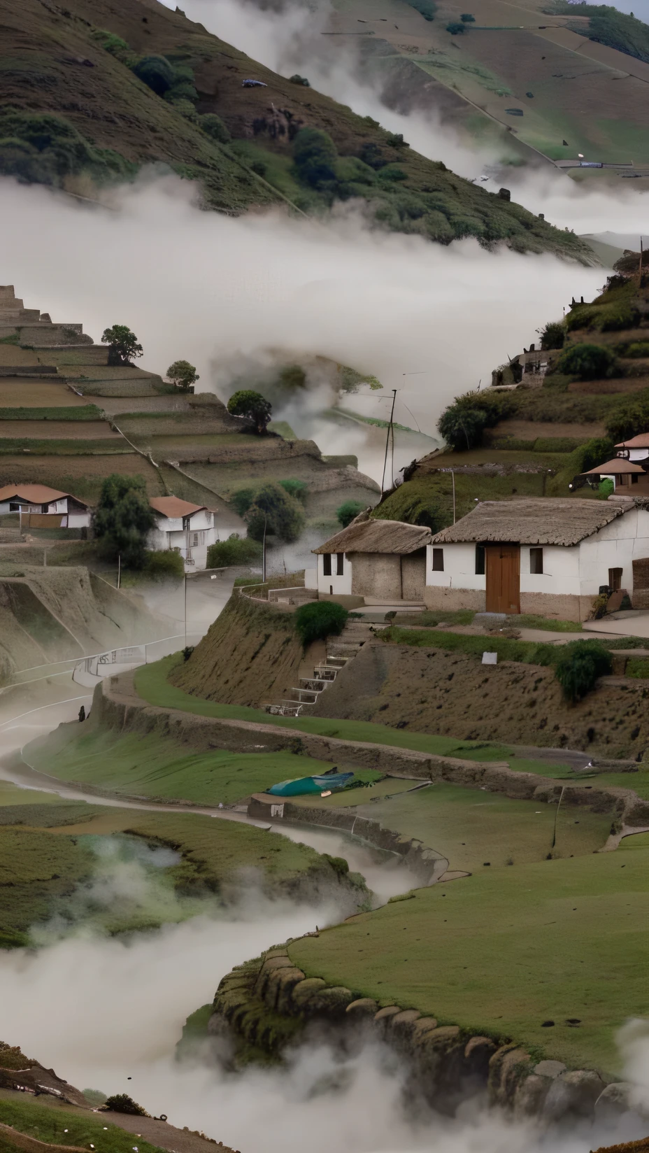 A mysterious and quiet Peruvian village in the Andes, surrounded by fog and ancient stone buildings. Its landscape is peaceful and charming.