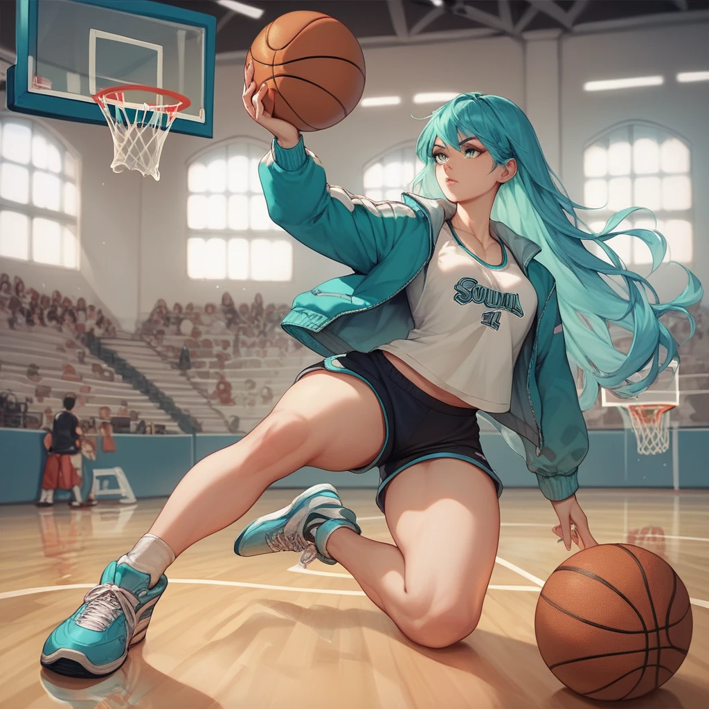 high quality, 1girl, full body, long hair, aqua hair, aqua eyes, jacket, thin, wide hips, basketball, playing, indoor, ball, dunk