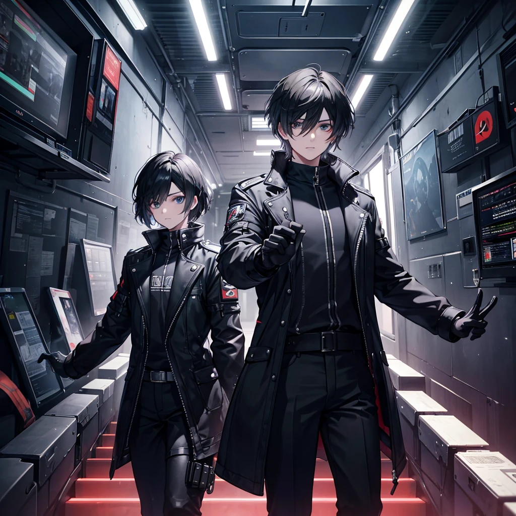 A young men look like leon kennedy black hair black outfits Cover poster，The theme is exploring the metaverse,Open a new virtual world，There is no text，Former Cosmic Elements，Fusion of reality and virtuality，immersive experience，Virtual reality technology，Augmented reality technology，Cloud rendering technology，Looking forward to the future metaverse world，Challenges facing metaverse technology，Application prospects of the metaver