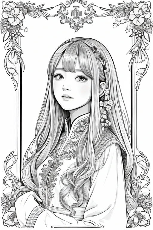 Coloring book、girl flower long hair illustration、色を塗る部分多くリアルじゃなくてColoring book