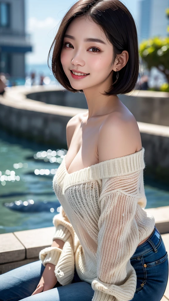 (masterpiece, best quality, hires, high resolution:1.2), (extremely detailed, intricate details, highres), (medium close-up:1.2) , (medium shot:1.2), (face focus:1.1), (soft focus:1.2), low lighting, (out of focus:1.2), f1.4, 40mm, photorealistic, raw, 8k, ((textured skin:1.1, skin pores:0.3, realistic skin:1.1)), intricate details, 1woman, (ultra sharp image), black hair, short straight hair style, very beautiful woman, huge aquarium with sharks in the background, v-neck off-shoulder white sweater, jeans, pale skin,smile