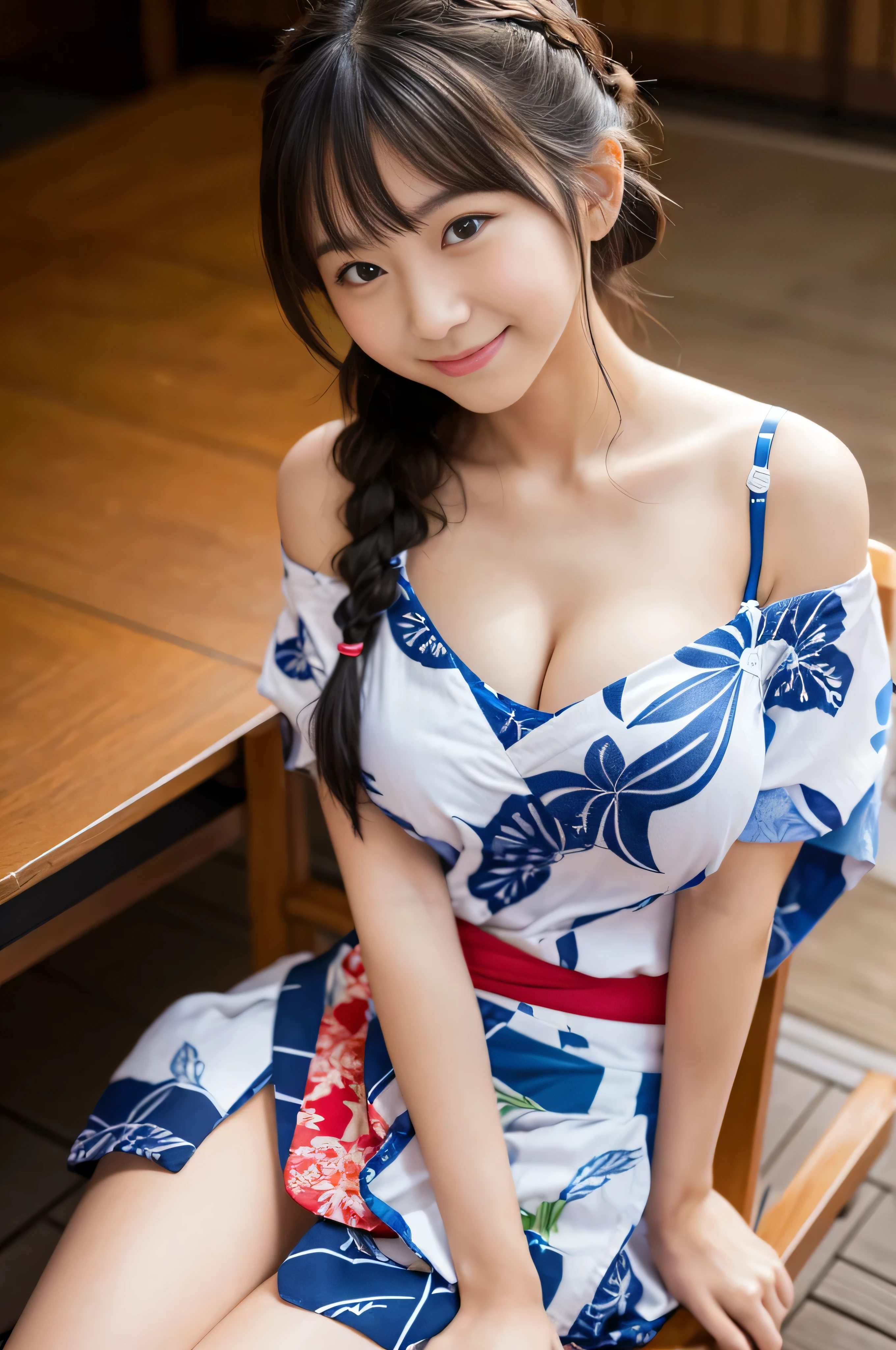 wearing japanese Yukata,(Flirtingly lifting her skirt to show her panties:1.3),realistic photo,truly cute and adorable face.one girl ,japanese 20 years old,underwear is seeable,very sexy photo,,cheerfully smiling at the viewer, neckline and cleavage are clearly distinctive, big boobies ,sitting one the chair, ,braids hair,big boobies,extreme close-up shot,from above