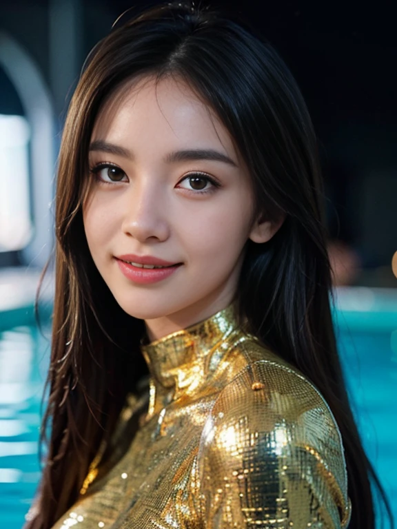 Latex bodysuit、Knee-high boots、Huge 、Long brown hair、Shiny, Oily skin、Glowing Skin、Indoor competition pool、White skin、 Body Portrait, 8k, Narrow and beautiful eyes, Dindal effect, masterpiece, 最high quality, high quality, High resolution, Very detailed photos, (Natural skin texture, Fine skin, Hyperrealism, Ultra Sharpness) , Skin with attention to detail, (Very fine, Fine skin texture, Intricate details, Beautiful Face, (A vivid face), Realistic eyes, Beautiful and detailed, Realistic Skin, Beautiful Skin, surreal, Very detailed, Golden Ratio, Smiling Eyes, ((Night moonlight background)), Body Portrait,  glamorous, Shiny Bodysuit