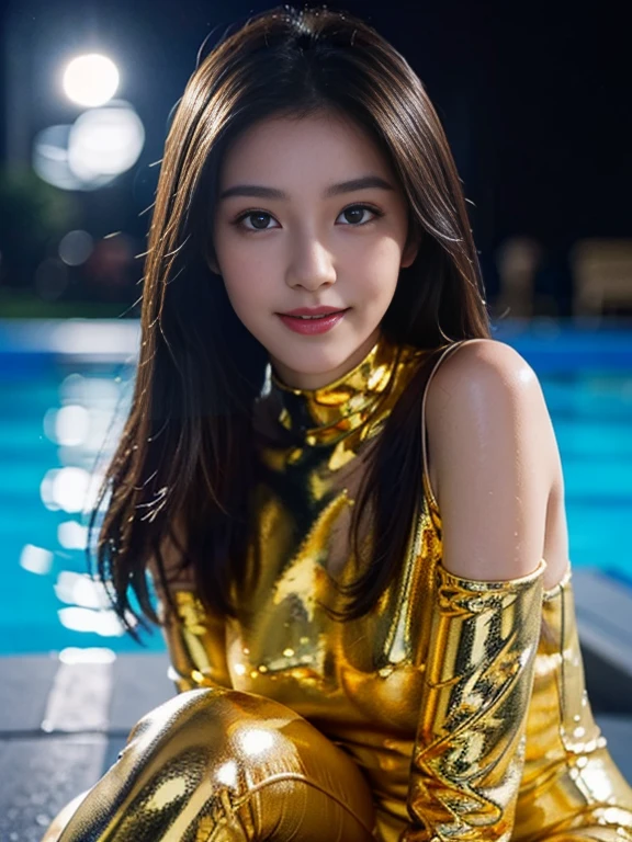 Latex bodysuit、Knee-high boots、Huge 、Long brown hair、Shiny, Oily skin、Glowing Skin、Indoor competition pool、White skin、 Body Portrait, 8k, Narrow and beautiful eyes, Dindal effect, masterpiece, 最high quality, high quality, High resolution, Very detailed photos, (Natural skin texture, Fine skin, Hyperrealism, Ultra Sharpness) , Skin with attention to detail, (Very fine, Fine skin texture, Intricate details, Beautiful Face, (A vivid face), Realistic eyes, Beautiful and detailed, Realistic Skin, Beautiful Skin, surreal, Very detailed, Golden Ratio, Smiling Eyes, ((Night moonlight background)), Body Portrait, glamorous, Shiny Bodysuit