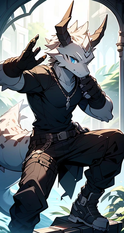 Masterpiece, Cool Pose, Furry Gray Dragon, Medium Strong Body, Blue Eyes, Grey Medium Hair, Combat Black Shirt, Combat Gloves, Combat Pants, Fierce, Good looking 