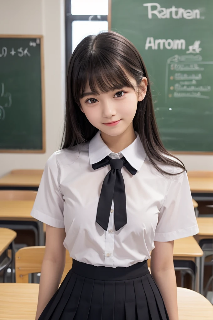16 years old,high school student,uniform,Black Hair,bangs,ponytail,Straight hair,Dark Eyes,Small face,Young Face,Clean your eyes,Small Mouth,thin,Young Face,Small breasts,Small breasts,Small breasts,Small breasts,Realistic photos,8k,Mouth slightly open,Ultra HD,whole body,Pure girl,whole body,,White short sleeve blouse,Check Pleated Skirt,smile,classroom,