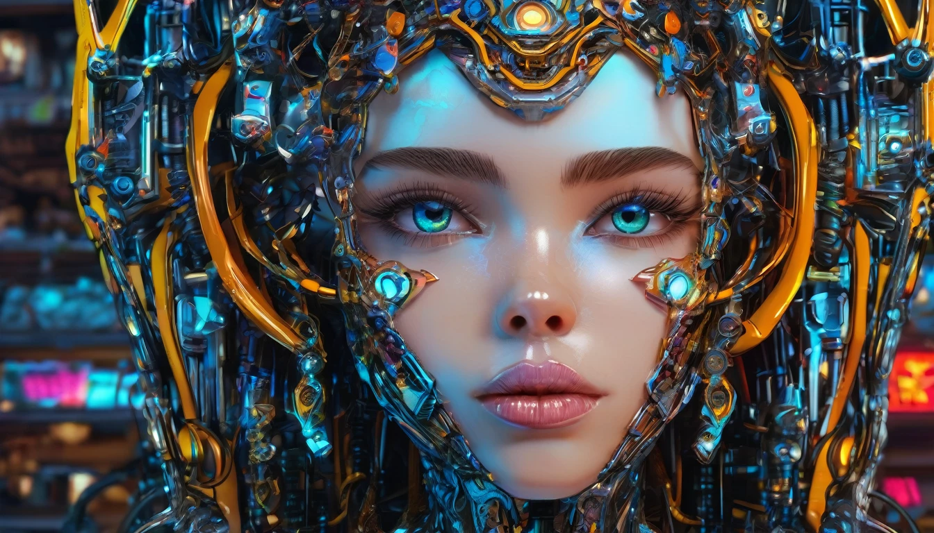 1girl, artificial intelligence, futuristic cyborg, beautiful detailed eyes, beautiful detailed lips, extremely detailed face and skin, intricate mechanical details, advanced technology, complex circuitry, glowing neon lights, hyperrealistic, dramatic lighting, cinematic composition, vibrant colors, photorealistic, 8k, hyper-detailed, masterpiece