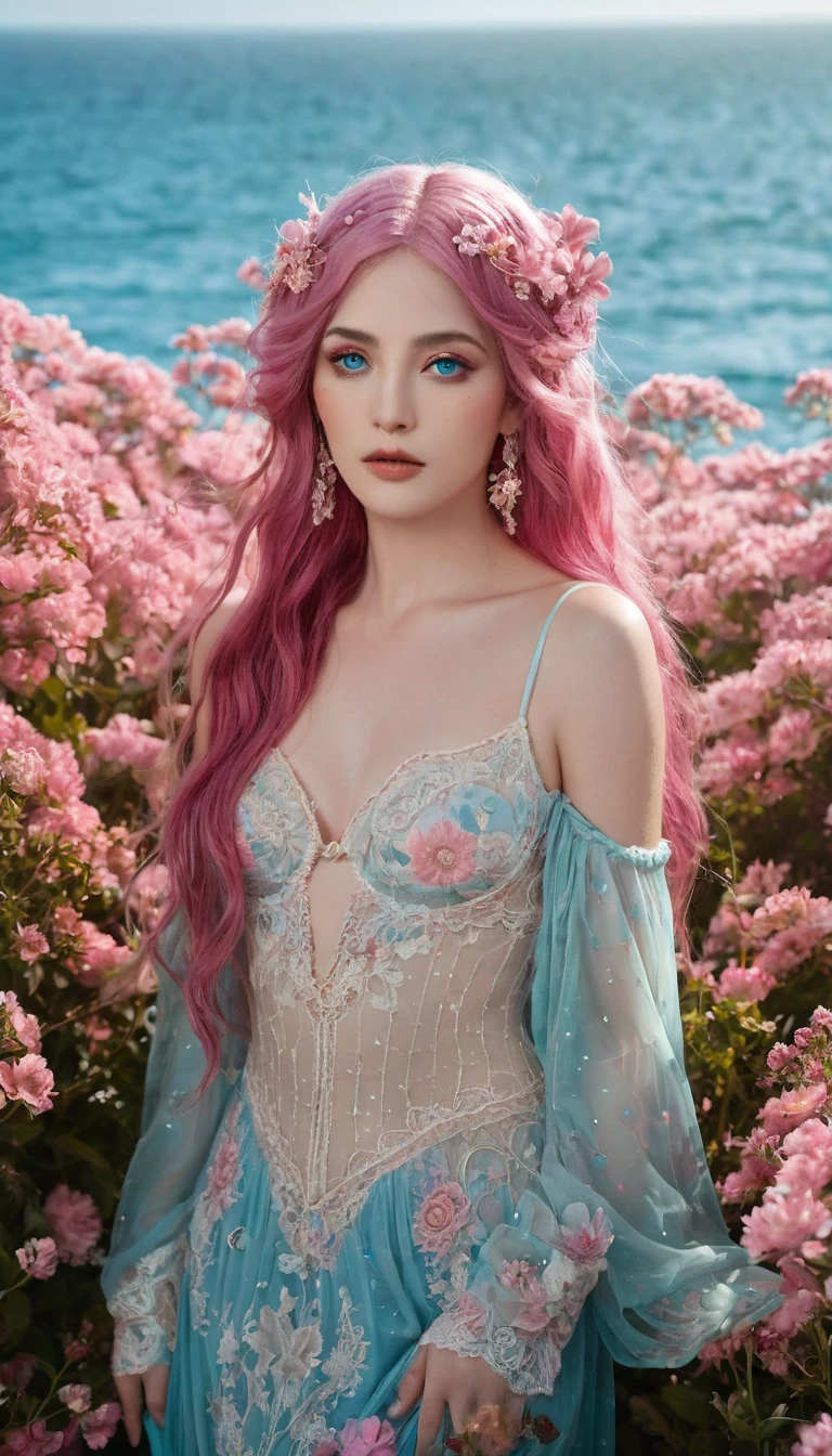 ( absurd , high quality , Extremely detailed, careful hand )Constellation - Cancer Goddess , Similar to Latin goodness , clever, cunning, reasonable, strong-willed face , Mature , tenacious, Moody, Irritability, Sexual style ,  Ocean blue eyes(Eye details), Long hair , Dark pink hair , Transparent dress , Lace underwear, In a sea of blooming flowers  , whole body , Innocent Makeup ,