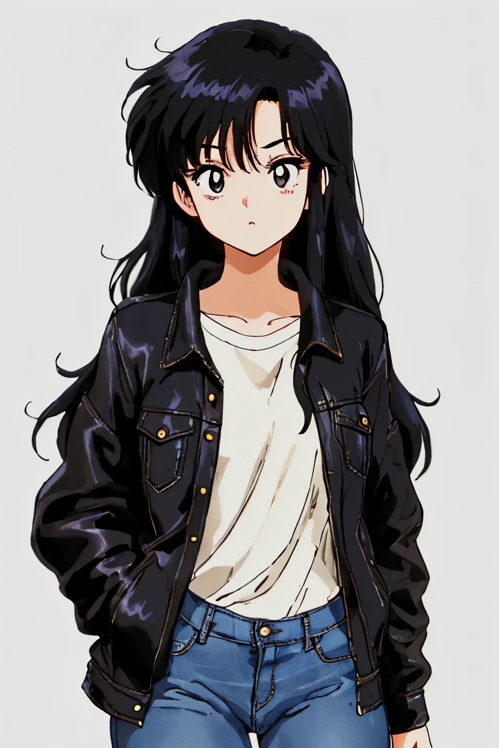 Sexy Woman,Black Hair,Long Hair,straight hair,20th Generation girl,Black Jacket,jeans,Plain Shirt,ennui,Gazing into the distance,high quality