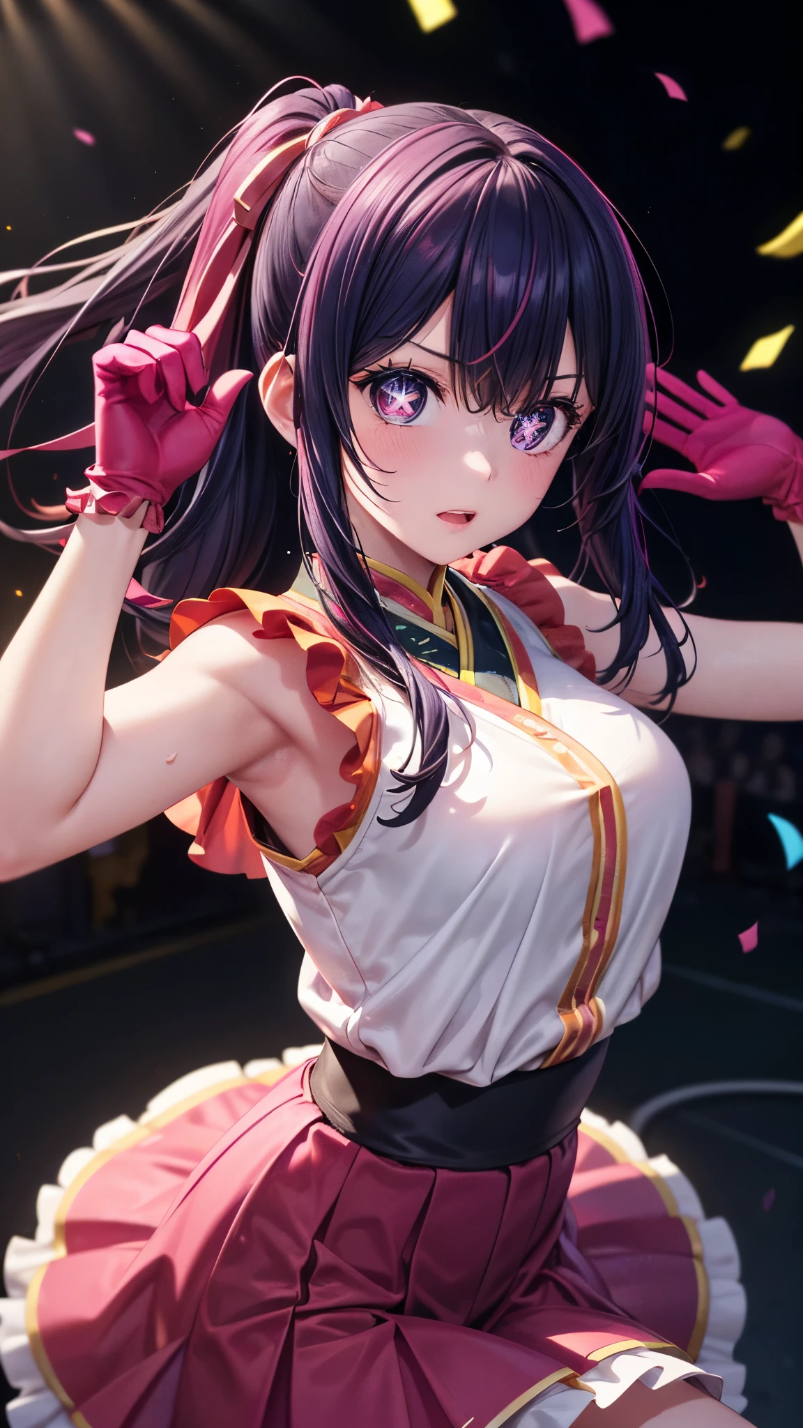 (8k, Ultra-high resolution, The best masterpiece, best quality:1.2), Very detailed, Complete Solution, (actual, actual photo: 1.37), portrait, focus on eyes, HD RAW photos, career arrest, High quality and beautiful, 超高清 8k 影像照片, confess, Professional photography, Very detailed的美麗女孩, Super delicate face shape, Contoured eyes, (Very detailed eyes), Precisely shaped nose, expressive lips, Delicate skin, (HD Skin:1.2), Neatly contoured fingers, Every feature is carefully displayed, (20:1.2), Twenty generations, cute girl, young beautiful mother, solo, Japanese pop artists, Very beautiful Japanese singing idol, Ai Hoshino, Hoshino Ai, 角色Permanent, (Sing:1.2) (Dynamic dance performance poses:1.2), Vibrant look, (Pink B Komachi idol group skirt pink gloves,Permanent:1.2), shiny decoration, top idol, Dynamic dark purple long hair, shiny purple eyes, (Star-shaped pupil:1.5), (Hold the microphone), one hand raised, Sensual dance, powerful dance, 面向audience, (large music stage) Indoors, Year-end music concert, (neon lights:1.3), stage spotlight, swirl pattern, Colored spotlight, light particles, dust, confetti, Chrome flakes, Luminous support stick, (audience:1.4), (A group of energetic and passionate fans:1.5), perfect anatomy, Detailed background, HD Background, (Volumetric lighting, Dynamic lighting:1.2), actual, stunning details, 8k Ultra HD, high quality, CG unity, C4D Rendering, 3D Rendering, Octane Rendering,
