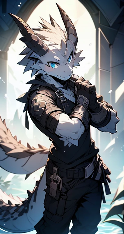 Masterpiece, Cool Pose, Furry Gray Dragon, Medium Strong Body, Blue Eyes, Grey Medium Hair, Combat Black Shirt, Combat Gloves, Combat Pants, Fierce, Good looking