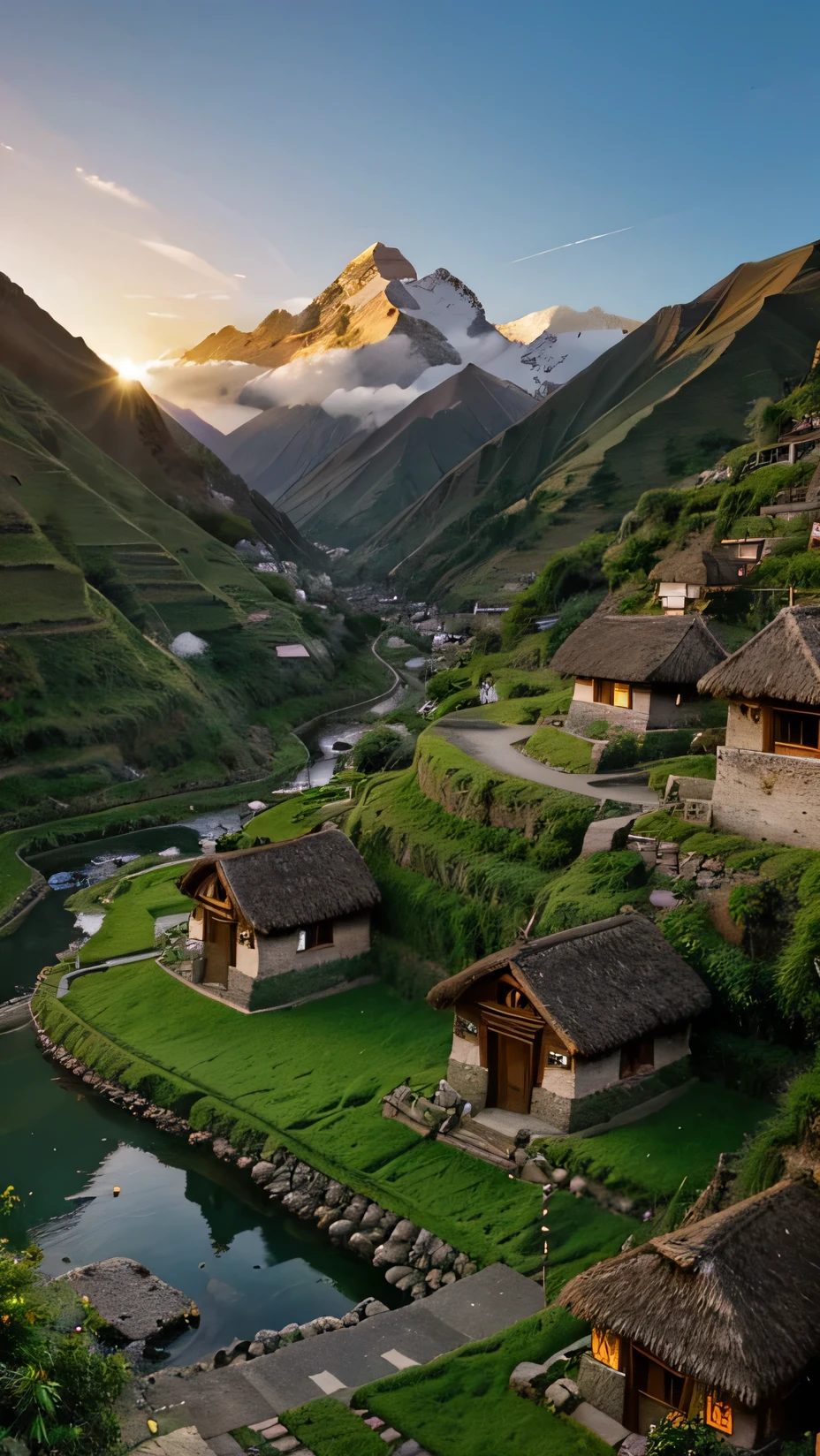 A picturesque Peruvian village in the Andes Mountains at sunset. Traditional stone houses with thatched roofs stand surrounded by lush greenery under clear skies.