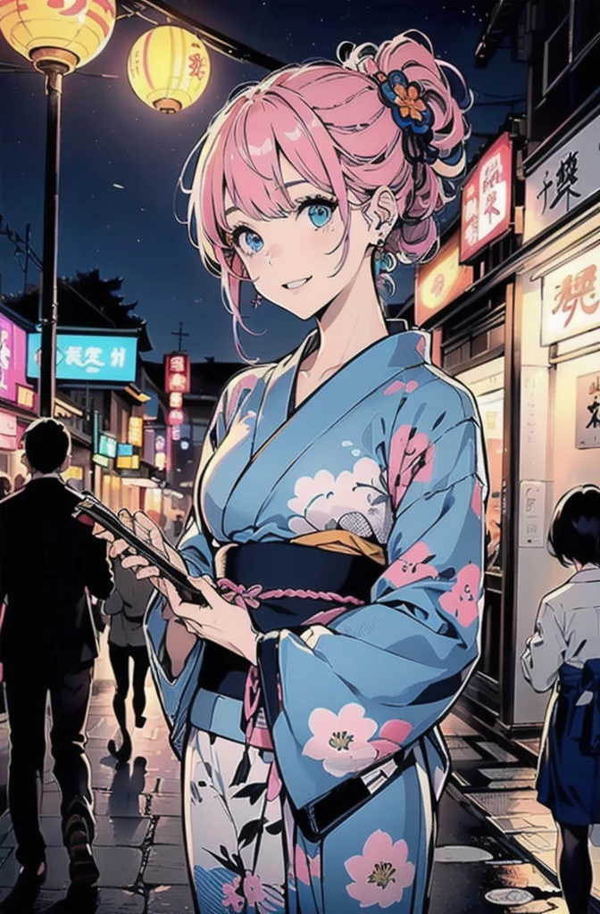 (Tabletop), (((Highest quality)), (Very detailed), 1 girl, (Rainbow Hair, Colorful Hair, Half blue and half pink hair: 1.2), ************, (yukata: 1.2), 真夏のnight、plein air, bangs, smile, Sky blue eyes, Perfect hands, Perfect hands, Hand Detail, Corrected Fingers. earrings, Night Store + background, up looking_in_audience, Cowboy Shot, Highest quality, Rich details, Perfect image quality, dark blue、(night:1.5, Japanese Summer Festivals)、Half-up hairstyle、