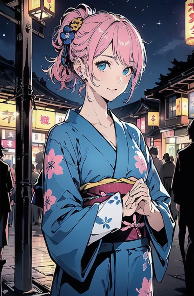 (Tabletop), (((Highest quality)), (Very detailed), 1 girl, (Rainbow Hair, Colorful Hair, Half blue and half pink hair: 1.2), ************, (yukata: 1.2), 真夏のnight、plein air, bangs, smile, Sky blue eyes, Perfect hands, Perfect hands, Hand Detail, Corrected Fingers. earrings, Night Store + background, up looking_in_audience, Cowboy Shot, Highest quality, Rich details, Perfect image quality, dark blue、(night:1.5, Japanese Summer Festivals)、Half-up hairstyle、