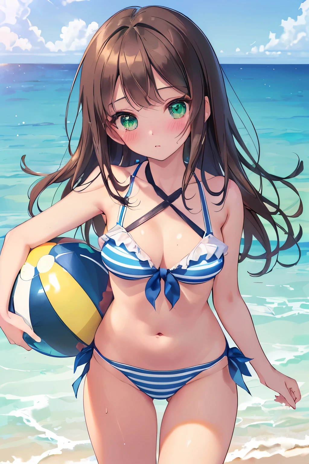 ((masterpiece, Highest quality, High resolution, 超High resolution, Pixel perfect, Written boundary depth, 4K, RTTX 10.0, High resolution))), 1 girl, single, alone, Beautiful Anime Girls, Beautiful art style, Anime characters, ((Shortcuts, bangs, Dark brown hair, Simple hairpin)), ((Green Eyes:1.4, Round eyes, Beautiful eyelashes, current eyes)), ((Detailed face, blush:1.2)), ((Smooth texture:0.75, Anime CG style)), Medium chest, ((Dynamic Angle, throw, close)), Perfect body, Blue and white striped bikini, ((Swimsuit tan lines)), The sea in the background,