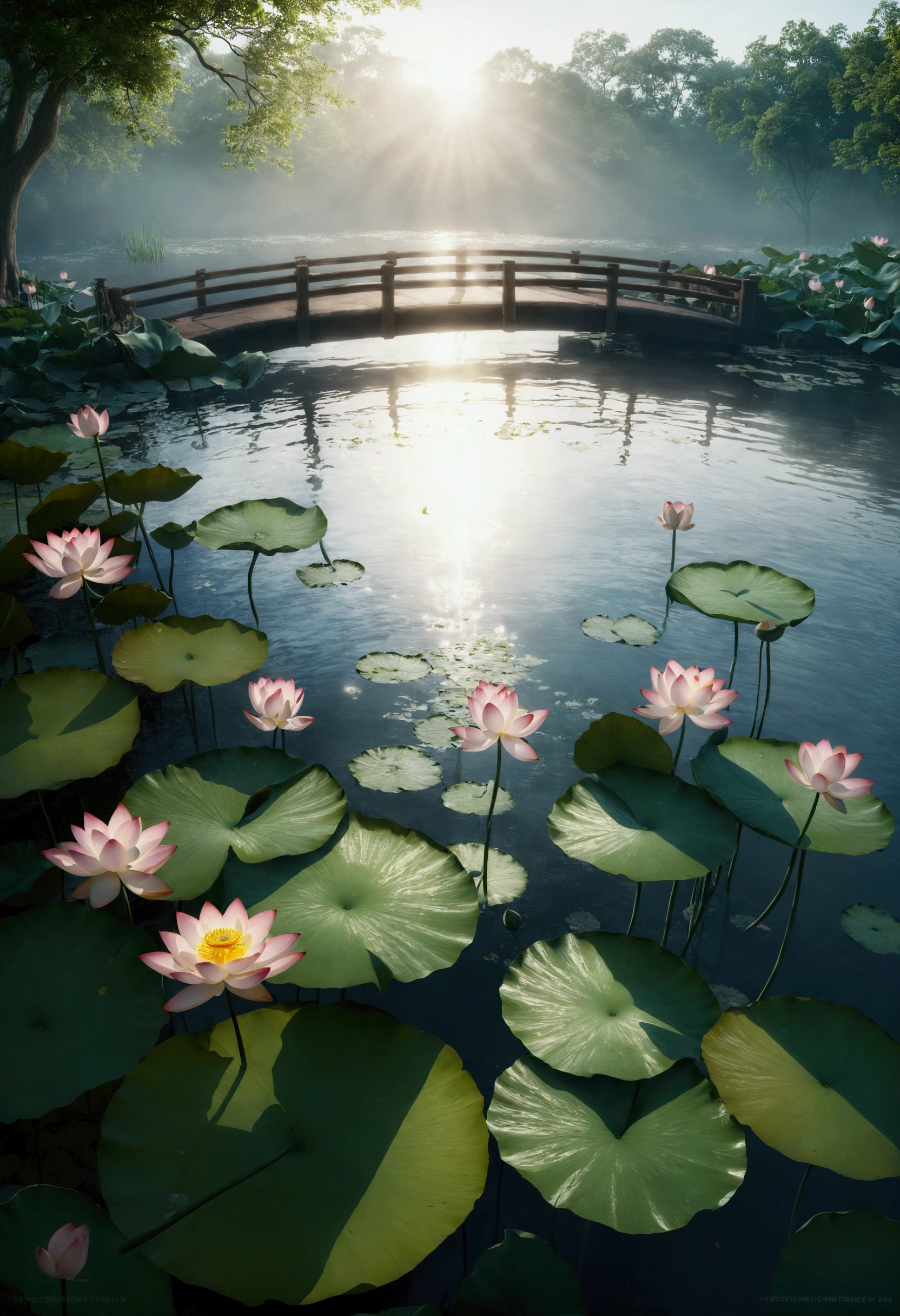 Multiple lotus flowers, By the creek,Water is flowing,Sunlight,Foggy and mysterious,Ray Tracing, Realism,Ultra HD, Retina, masterpiece, precise, Super Detail, Anatomically correct, High Detail, high quality, The award-winning, best quality, high resolution, 16K