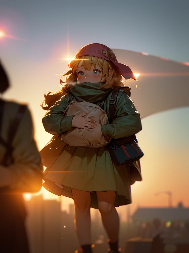(Sumilux f1.4 50mm , low Latitude old color negative film , cross process , bokeh, flare, chromatic aberration , soft focus, (Shallow focus) , soft glow , Maximum aperture, high Key , Transparent depiction) , Dwarf girl , Muscular, short , carrying a huge Uber EATS backpack , Running away