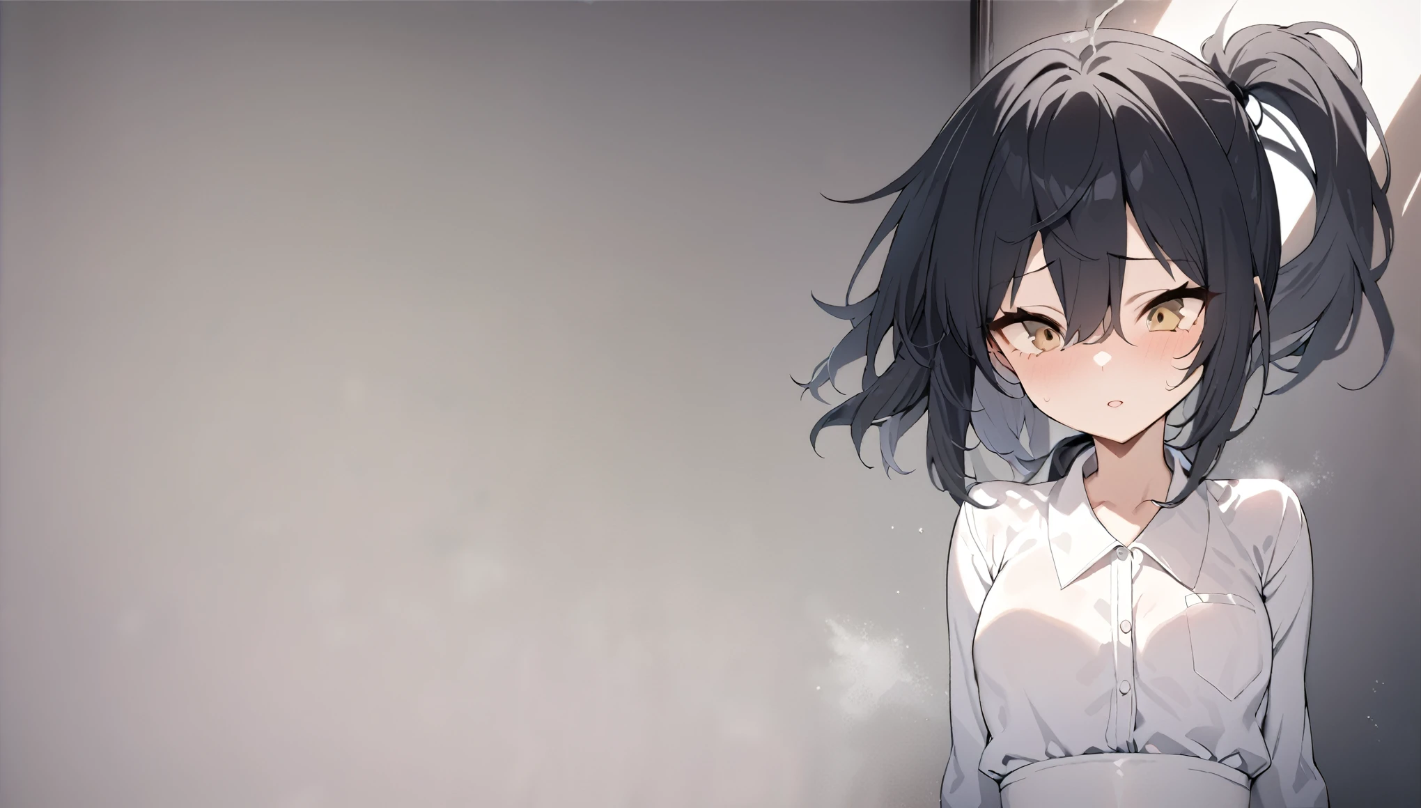 、(masterpiece, high quality:1.4), break,
One girl, Teen, alone,(Medium Hair:1.2), (Low Ponytail:1.25), Black Hair, Hair between the eyes, Tight waist, Brown eyes, break,
White shirt