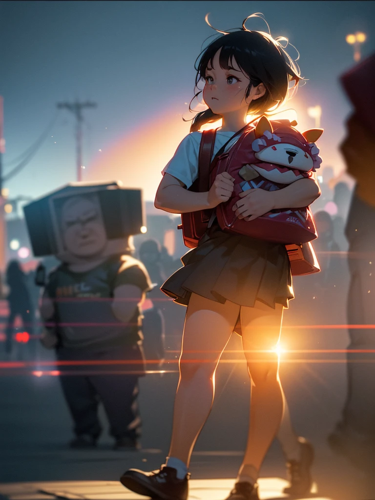 (Sumilux f1.4 50mm , low Latitude old color negative film , cross process , bokeh, flare, chromatic aberration , soft focus, (Shallow focus) , soft glow , Maximum aperture, high Key , Transparent depiction)  , Dwarf girl , Muscular, short , carrying a huge Uber EATS backpack , Running away