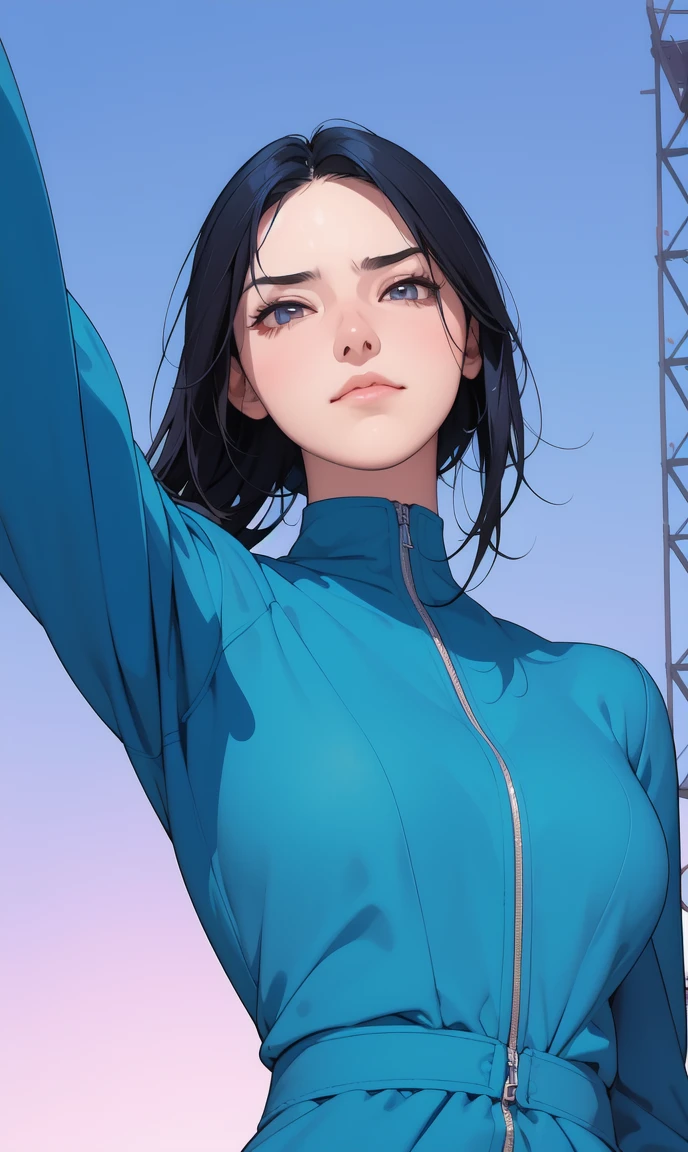 (masterpiece), (best quality), 1 girl, (Perfect face:1.2), (Pretty Face:1.2), Blue-black hair, (From below, Upper Body:1.3), indifferent,A faint smile,Looking at the audience, posture, Reaching out to the audience, jacket