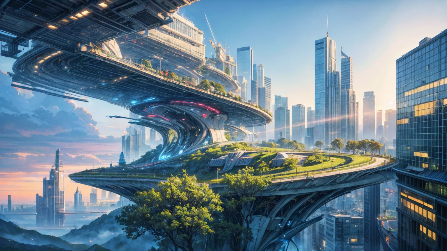 (Best quality,4K,8K,A high resolution,Masterpiece:1.2),Ultra-detailed,(Realistic,Photorealistic,photo-realistic:1.37),Futuristic floating city,Futuristic technology,Huge urban high-tech tablet platform,Airship,Floating in the sky,Futuristic city,Small airships around,High-tech hemispherical platform,Colorful lights,Advanced architecture,modernn architecture,skyscrapper,Access the cloud,Scenic beauty,view over city,Impressive design,Blend seamlessly with nature,energetic and vibrant atmosphere,Futuristic transportation system,Parking is suspended,Transparent path,Lush greenery,Sky gardens,cascading waterfalls,Magnificent skyline,reflections on the water,Sparkling river,Architectural innovation,futuristic skyscrapers,Transparent dome,The shape of the building is unusual,Elevated walkway,Impressive skyline,Glowing lights,Futuristic technology,Minimalist design,Scenic spots,Panoramic view,Cloud Piercing Tower,Vibrant colors,epic sunrise,epic sunset,Dazzling light display,magical ambiance,The future city,Urban Utopia,LuxuryLifestyle,Innovative energy,sustainable development,Smart city technology,Advanced infrastructure,Tranquil atmosphere,Nature and technology live in harmony,Awesome cityscape,Unprecedented urban planning,Architecture connects seamlessly with nature,High-tech metropolis,A cutting-edge engineering marvel,The future of urban living,Visionary architectural concept,Energy-efficient buildings,Harmony with the environment,A city floating above the clouds,Utopian dreams become reality,The possibilities are endless,State-of-the-art transportation network,Green energy integration,Innovative materials,Impressive holographic display,Advanced communication system,Breathtaking aerial view,Quiet and peaceful environment,Modernist aesthetics,Ethereal beauty