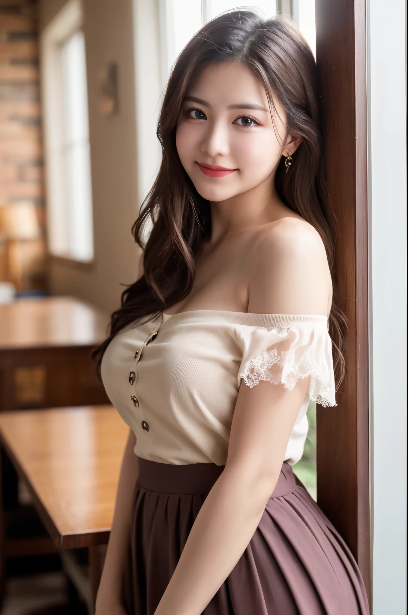 (((8k、High resolution、Highest quality、High resolution))),  (Realistic), Beautiful detailed girl, (Genuine: 1.4), (()), masterpiece, Highest quality, beautiful girl, Great beauty、Curly Hair, Long Hair, Purple eyes, Off-the-shoulder blouse, Long skirt, ( super Realistic pantyhose:1.3),  A shy smile, Sit by the window、Whole Body Ezbian、date, Large file size, High resolution, Very detailed, Highest quality, [masterpiece:1.6], Awareness-raising, Very detailed, finely, Highest quality, 8k wallpaper, Cinema Lighting, 1 girl, 26 years old, Perfect figure, Cute droopy eyes、Beautiful big eyes、Highest quality, 1 girl, (Full Body Shot:1.4)、