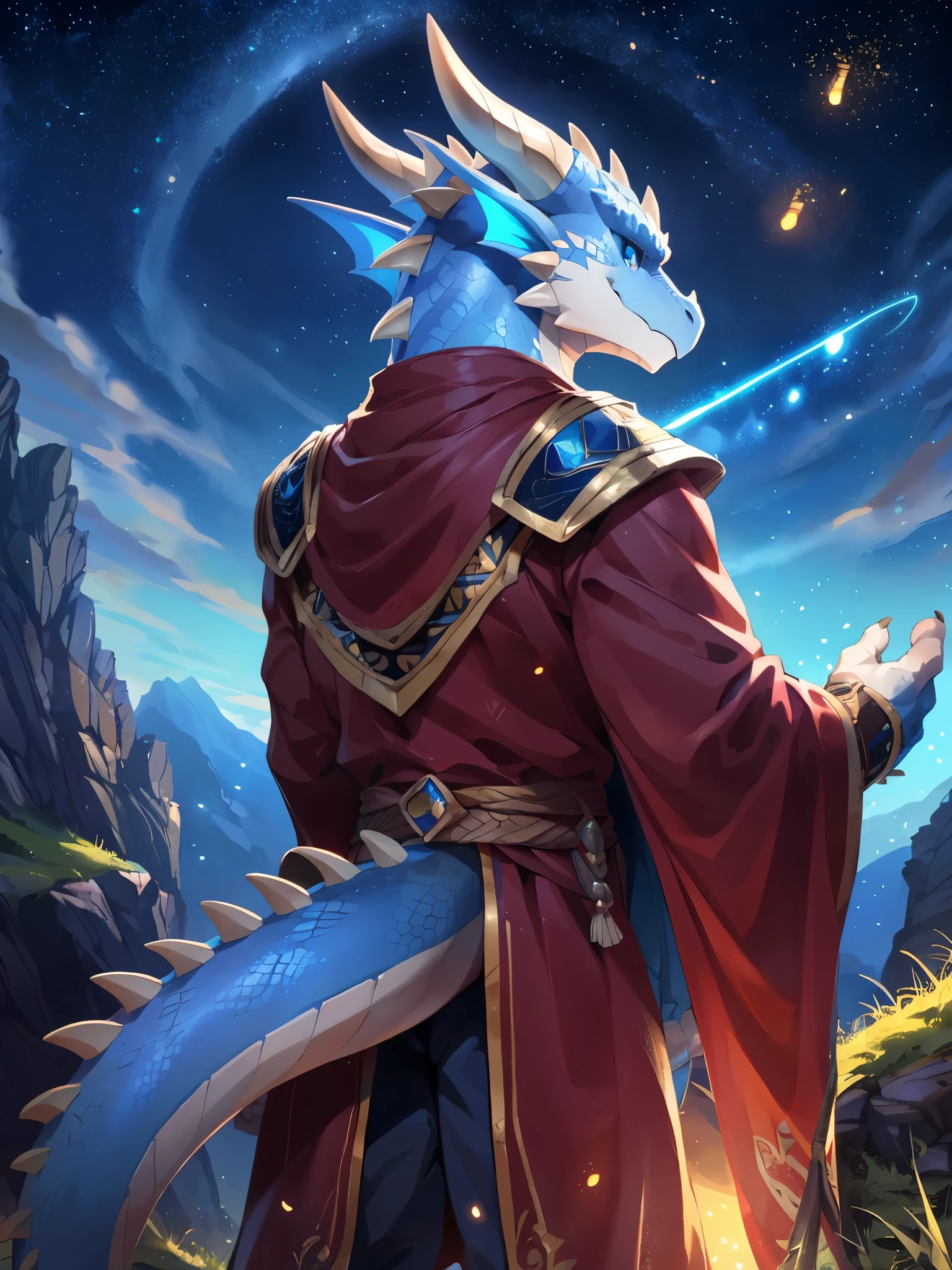 solo, male, mature male, (male anthro dragon:1.3), (white body:1.1), (standing:1.3), (kemono:1.2),star_trail, armor, (robe), (looking back:1.2), raised head, (rear view), landscapes, cliff, night, horizon, bust,detailed eyes, portrait,dragon tail, blue eyes,(detailed eyes), (outside:1.35), grass, hill, (cloud), (particles ,firefly, blue glowing:1.3), detailed background, 8k hd, (dark shadows, wide dynamic range, hdr, low light:1.2), by Pino Daeni, barazoku, [by dagasi, by zixiong], cygames, by null-ghost, (scenery)