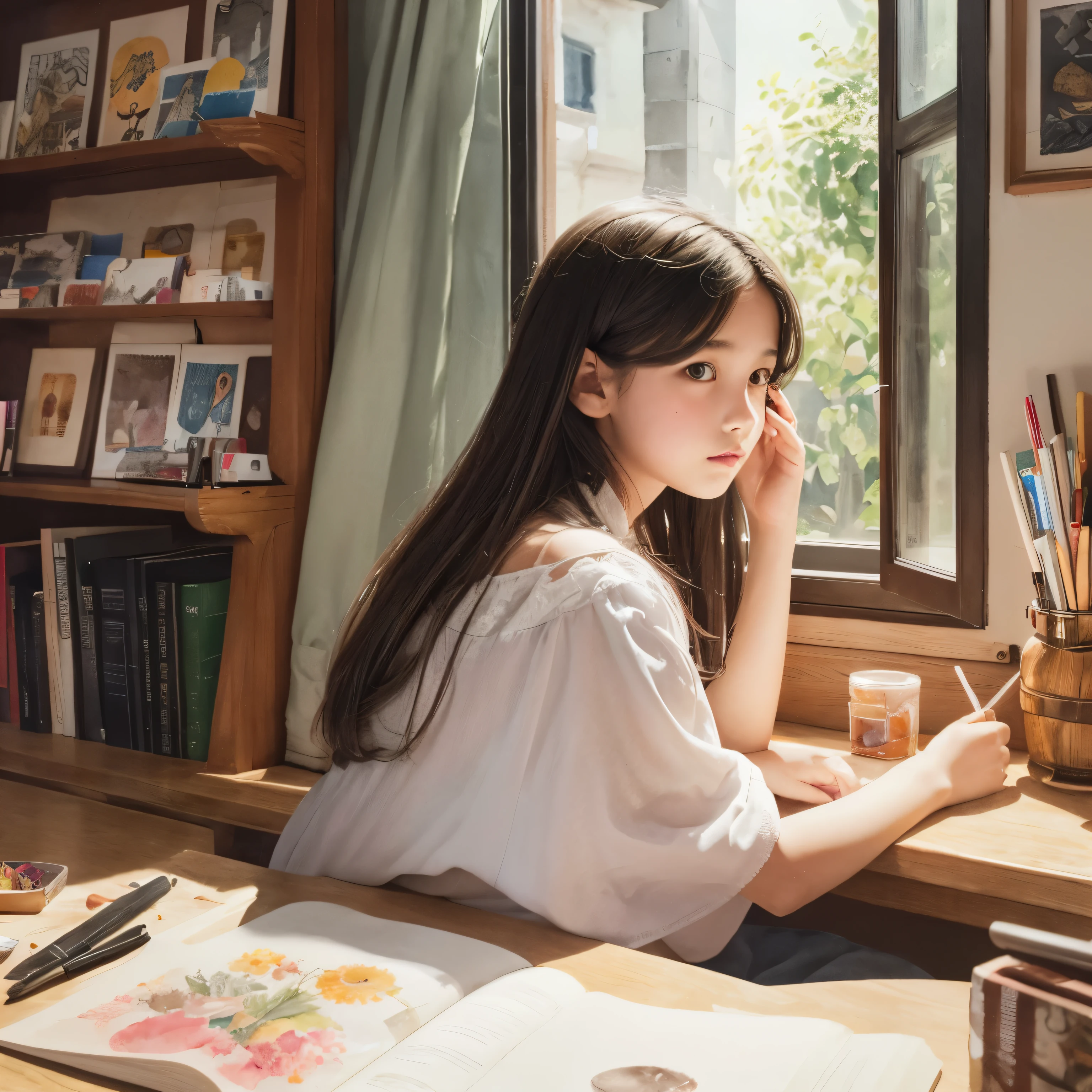 {best quality}, {very aesthetic}, {ultra-detailed}, {best illustration}, Watercolor, oil, 13 years old, Girl, IA, CEVIO