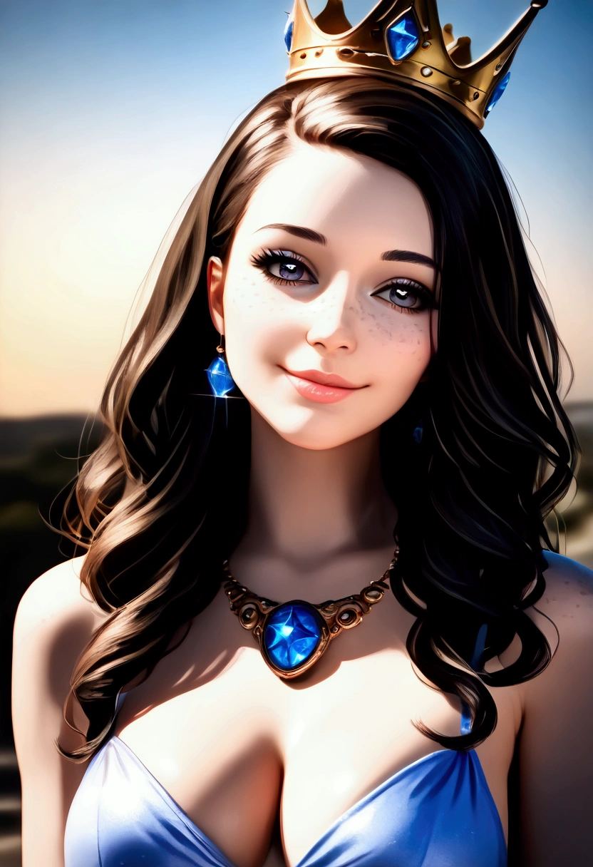 A beautiful detailed female face, gorgeous eyes, intricate details, cleavage, soft lips, smiling, naughty expression, seductive glance, freckles, crown, jewelry, (best quality,4k,8k,highres,masterpiece:1.2),ultra-detailed,(realistic,photorealistic,photo-realistic:1.37),portrait,high-quality,vivid colors,warm lighting
