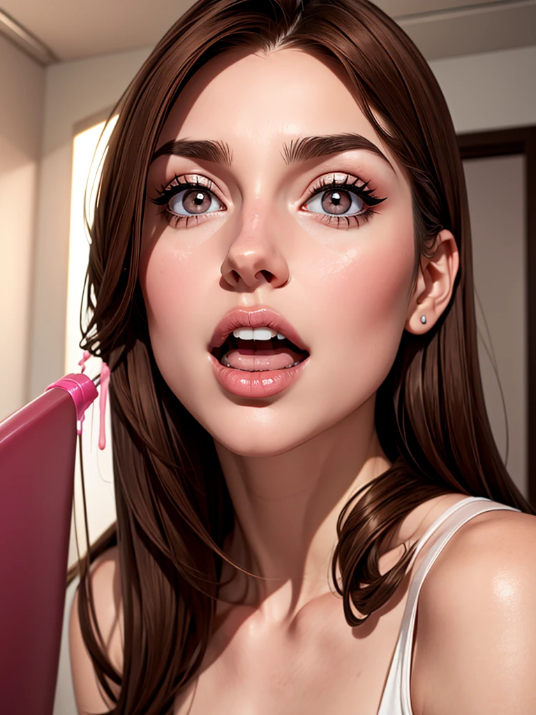 Girl, long brown hair, gray eyes, sharp features, white skin,.excited, half open mouth, pink lippgloss