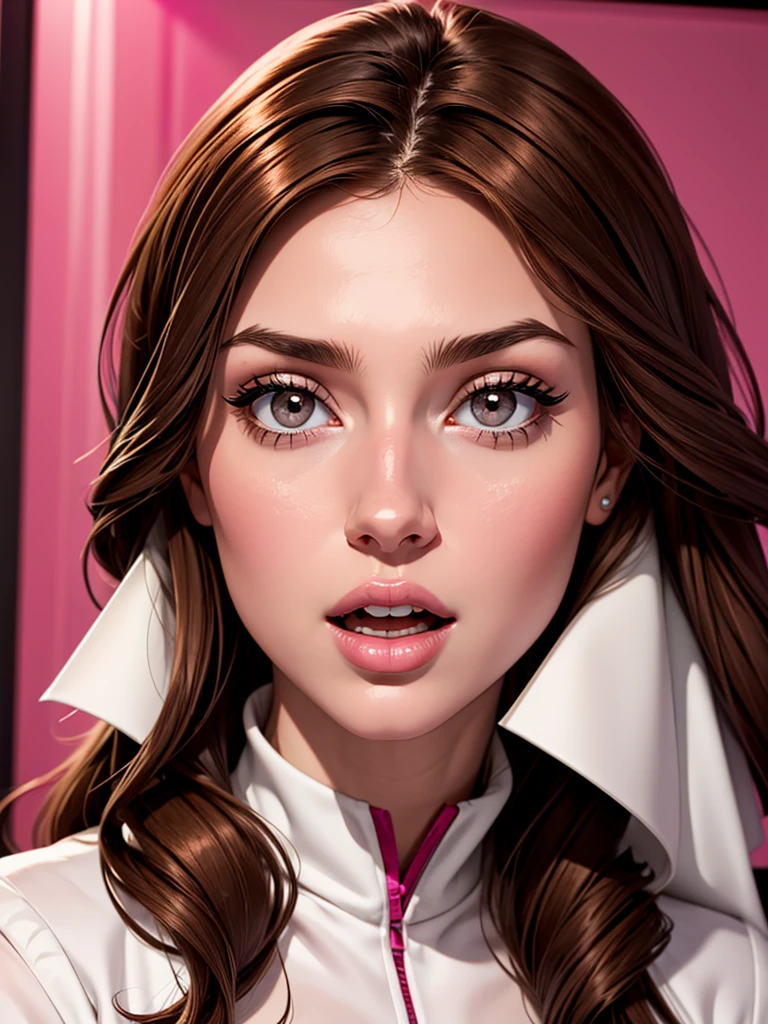 Girl, long brown hair, gray eyes, sharp features, white skin,.excited, half open mouth, pink lippgloss