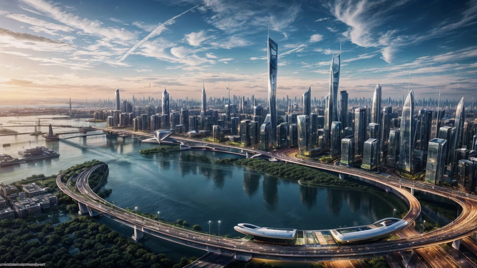 (Best quality,4K,8K,A high resolution,Masterpiece:1.2),Ultra-detailed,(Realistic,Photorealistic,photo-realistic:1.37),Futuristic floating city,Futuristic technology,Huge urban high-tech tablet platform,Airship,Floating in the sky,Futuristic city,Small airships around,High-tech hemispherical platform,Colorful lights,Advanced architecture,modernn architecture,skyscrapper,Access the cloud,Scenic beauty,view over city,Impressive design,Blend seamlessly with nature,energetic and vibrant atmosphere,Futuristic transportation system,Parking is suspended,Transparent path,Lush greenery,Sky gardens,cascading waterfalls,Magnificent skyline,reflections on the water,Sparkling river,Architectural innovation,futuristic skyscrapers,Transparent dome,The shape of the building is unusual,Elevated walkway,Impressive skyline,Glowing lights,Futuristic technology,Minimalist design,Scenic spots,Panoramic view,Cloud Piercing Tower,Vibrant colors,epic sunrise,epic sunset,Dazzling light display,magical ambiance,The future city,Urban Utopia,LuxuryLifestyle,Innovative energy,sustainable development,Smart city technology,Advanced infrastructure,Tranquil atmosphere,Nature and technology live in harmony,Awesome cityscape,Unprecedented urban planning,Architecture connects seamlessly with nature,High-tech metropolis,A cutting-edge engineering marvel,The future of urban living,Visionary architectural concept,Energy-efficient buildings,Harmony with the environment,A city floating above the clouds,Utopian dreams become reality,The possibilities are endless,State-of-the-art transportation network,Green energy integration,Innovative materials,Impressive holographic display,Advanced communication system,Breathtaking aerial view,Quiet and peaceful environment,Modernist aesthetics,Ethereal beauty