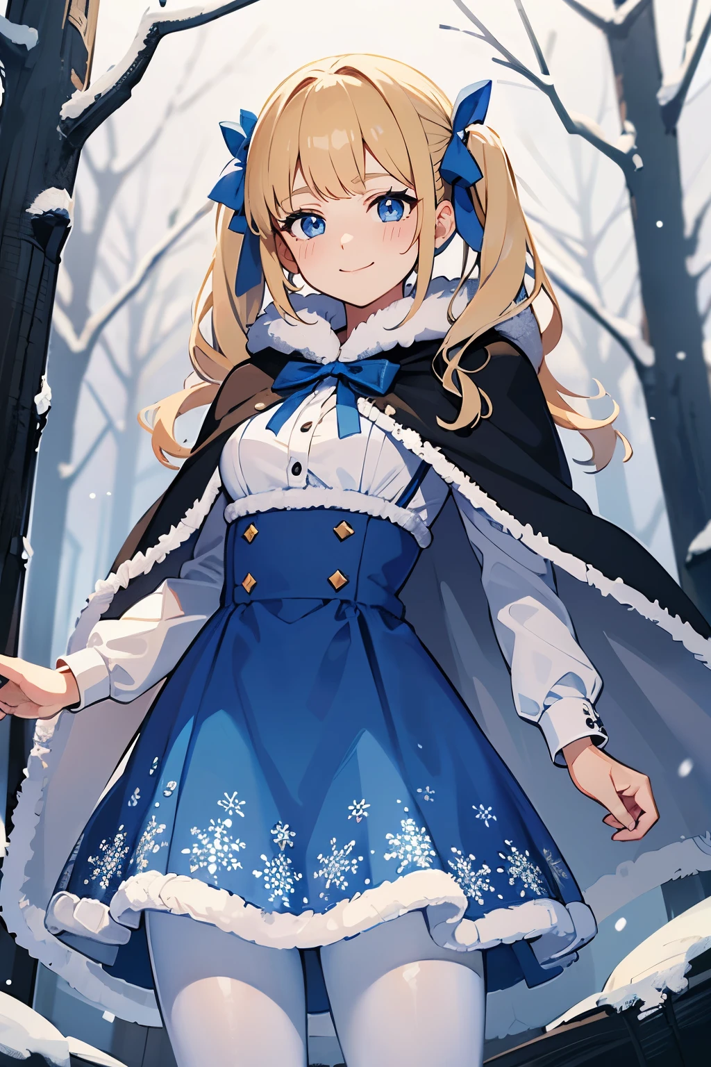 Safe for work, masterpiece, best quality, solo, 1 girl,  cute girl, wholesome girl, (young female body:1.4), ( medium small breasts), cowboy shot, shy smile, flustered,  yellow golden hair, extra long hair, thick wavy hair, hime cut, voluminous twin tails, very blunt bangs, light blue eyes, detailed eyes, outside, snowy woods, standing, icy blue dress, light blue winter dress, dress with white fur, white cotton pantyhose, winter, long sleeve, blue dress, snowflake print on dress, thick winter blue dress, white fluffy fur trimmings, white fur, warm, blue dress, blue cloak, fluffy cape, cape over shoulder, dark blue cape, blue bows on dress