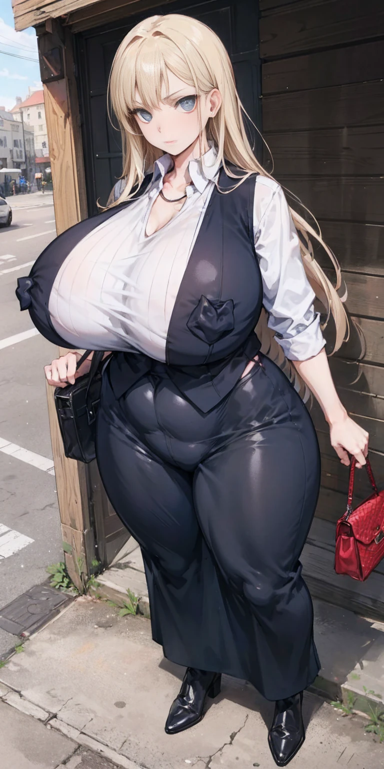 Standing full length mature woman with big breasts, voluminous breasts, curvy breasts, fishnets, mujer madura de pie altura completa de Whole body entero BIMBO, Best Quality, Very detailed, ultra 8k resolution,huge chest, shelter, vest, portrait, Whole body, Victoria's clothing, long dress, gentleman, pants, black leather suit, medieval city, vest,Polo shirt, long skirt