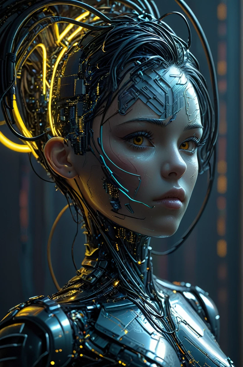 the head of a female cyborg, by Ralph McQuarrie, by Aaron Horkey, neon yellow lightning, neon teal lightning, neon magenta lightning, cables, wires, synthwave, vaporwave, retro futurism, circuitboard, dark futuristic, DonMW15pXL, floating, astral ziprealism, (masterpiece:1.2), best quality, (hyperdetailed, highest detailed:1.2), high resolution textures,